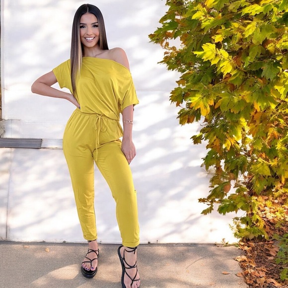 Super Comfy Capella Mustard Ladies Two-Way Shoulder Drawstring Jumpsuit - Picture 2 of 16
